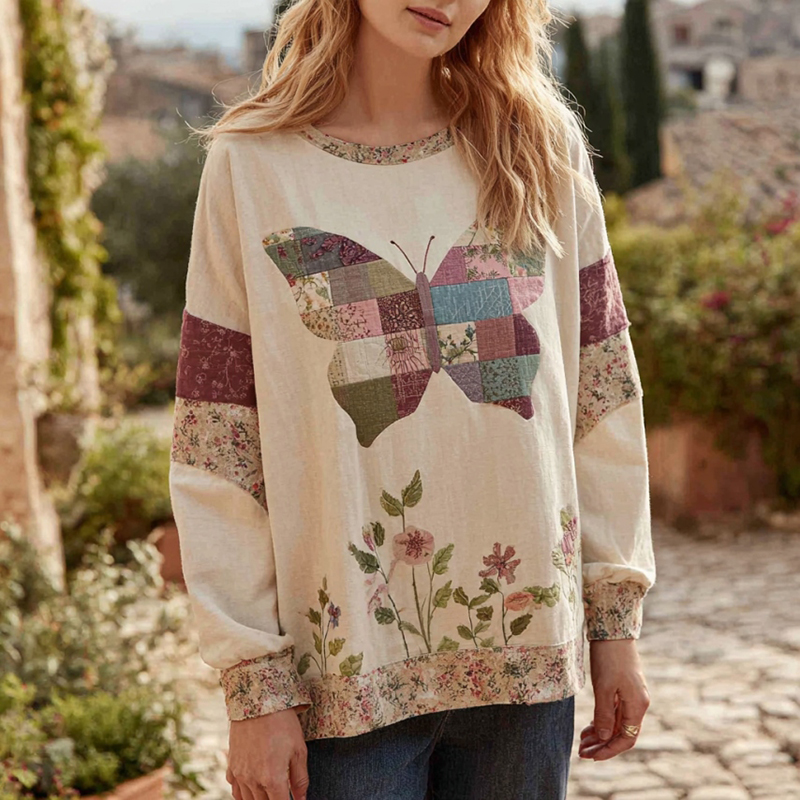Women's Vintage Bohemian Style Round Neck Comfortable Linen Top With Butterfly Pattern