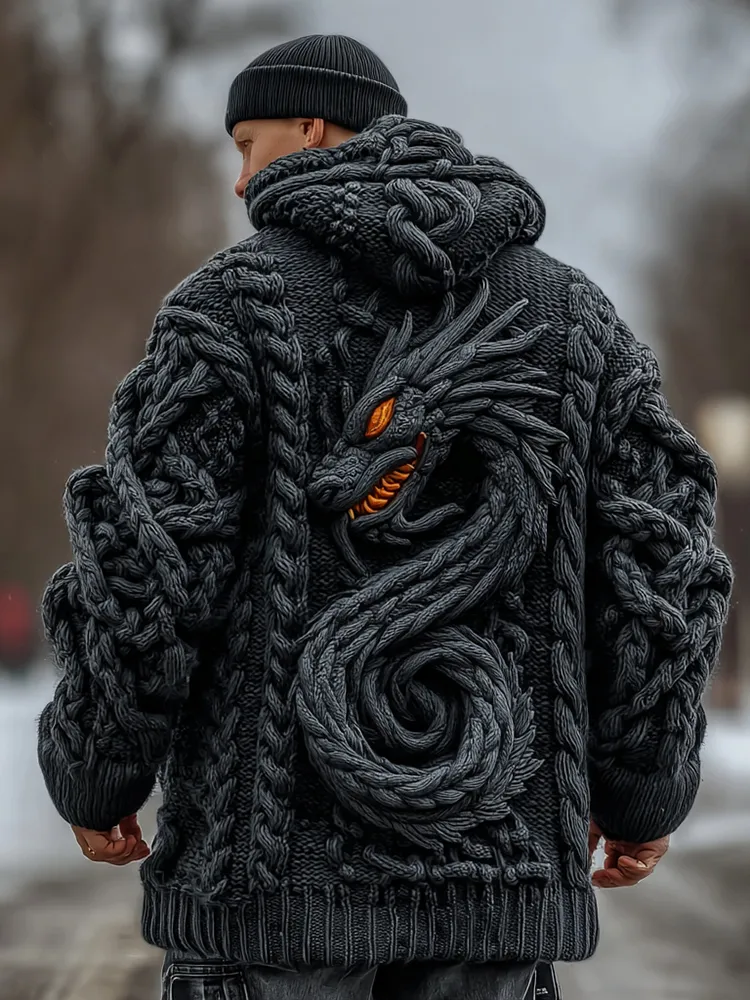 Men's Viking Celtic Dragon Knit Long Zip Hooded Sweater
