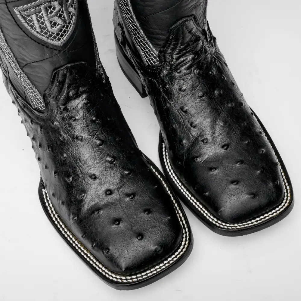 Black Ostrich Leather Boots - Square Toe