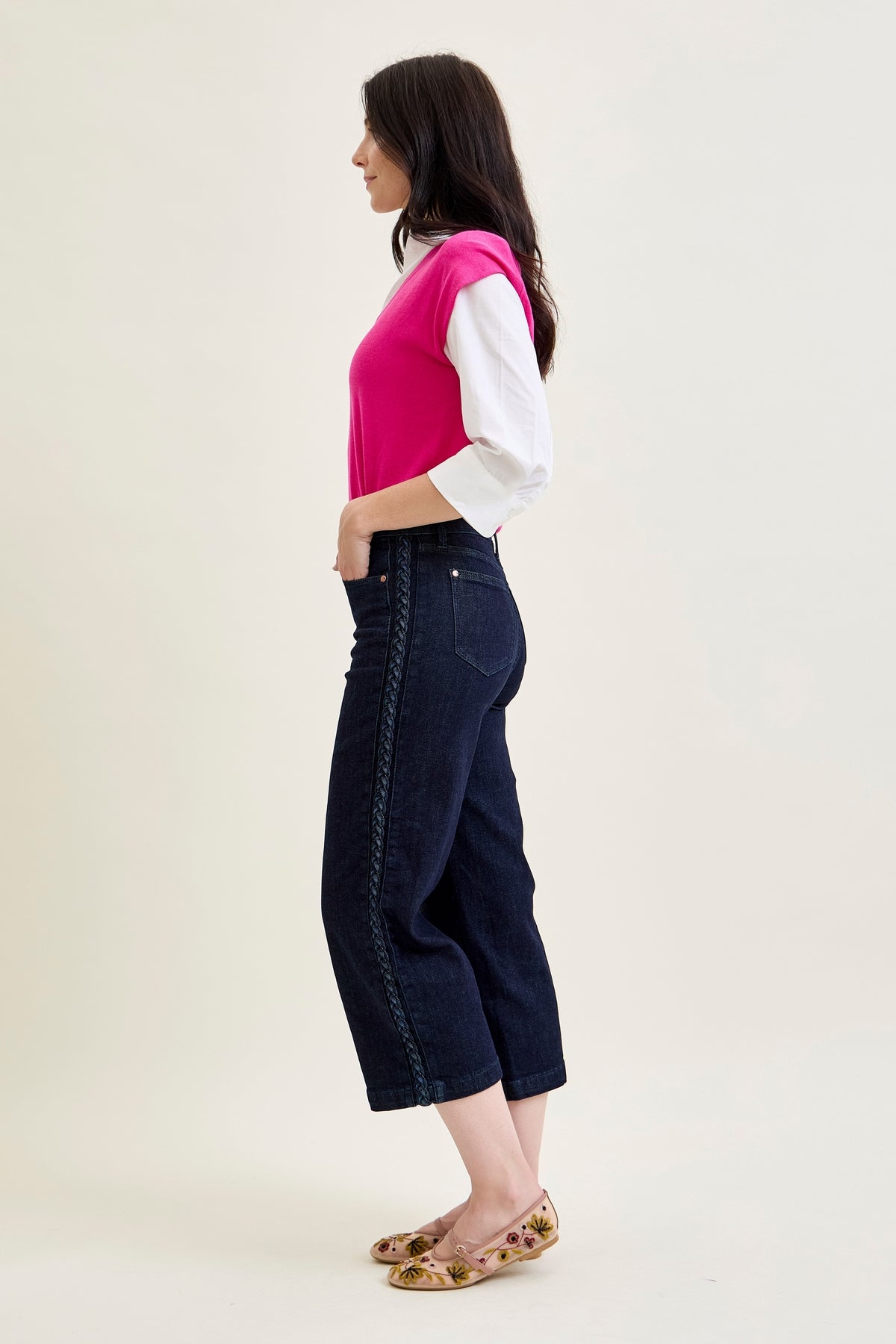 Dottie Side Seam Braid Cropped Wide Leg Jeans