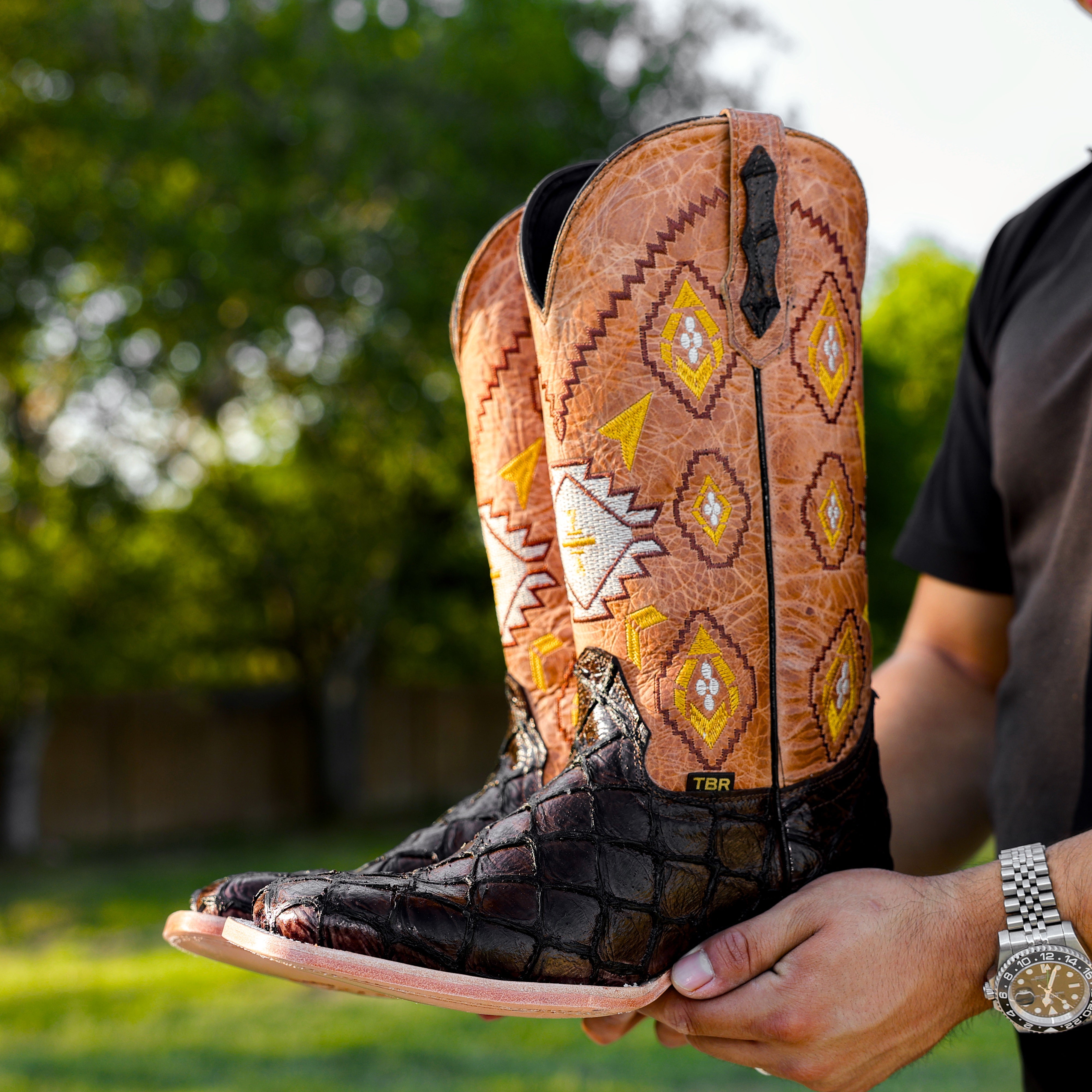 Chocolate Brown Pirarucu Leather Boots - Square Toe