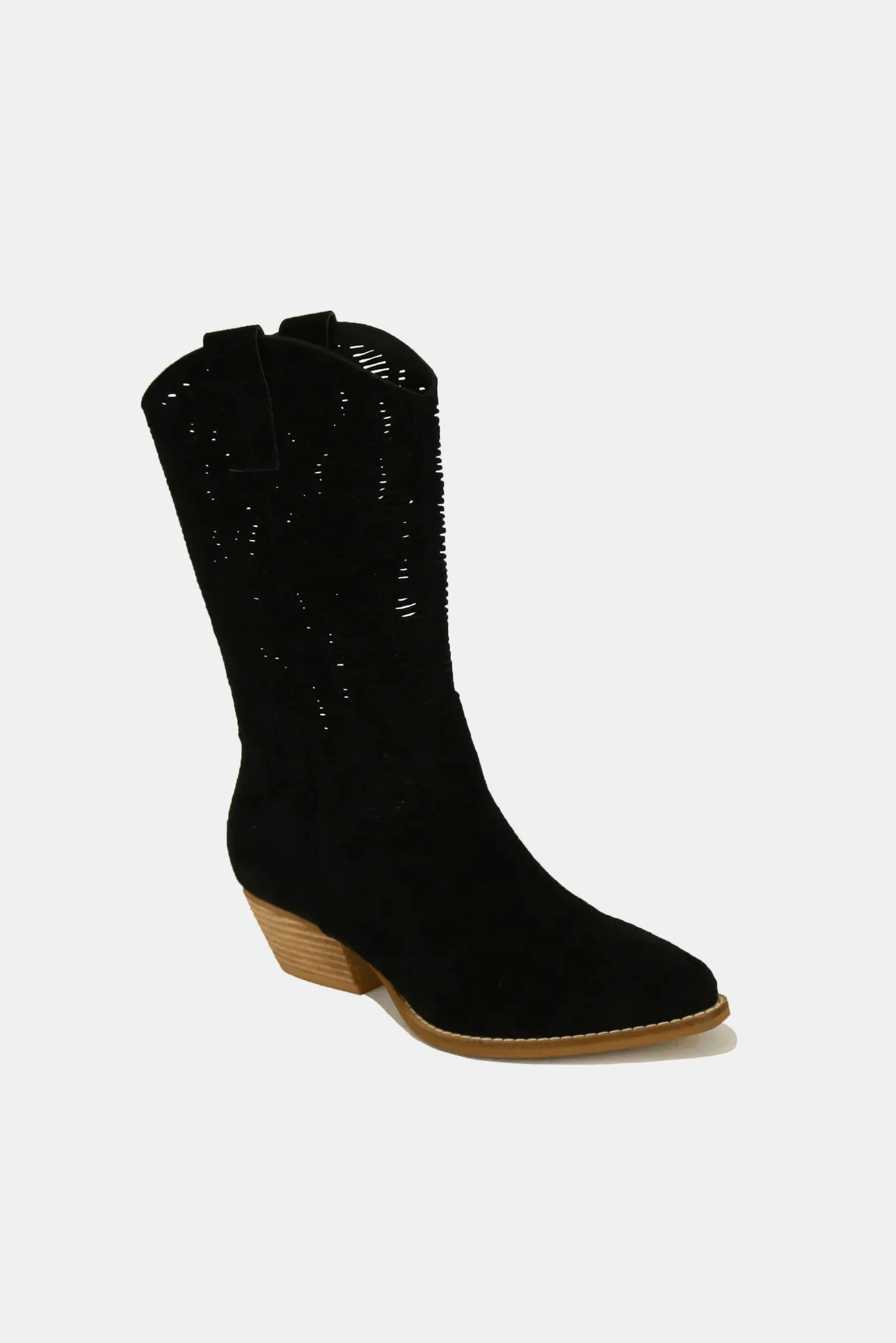 Faux Suede Laser Cut Detail Block Heel Boots in Black