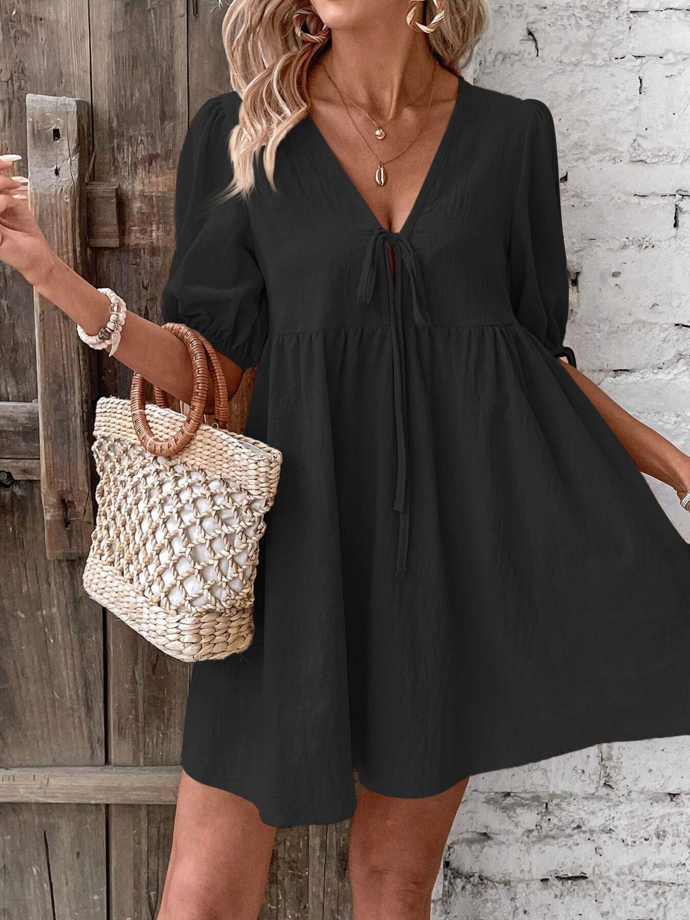 Tie Front Puff Sleeve Mini Dress