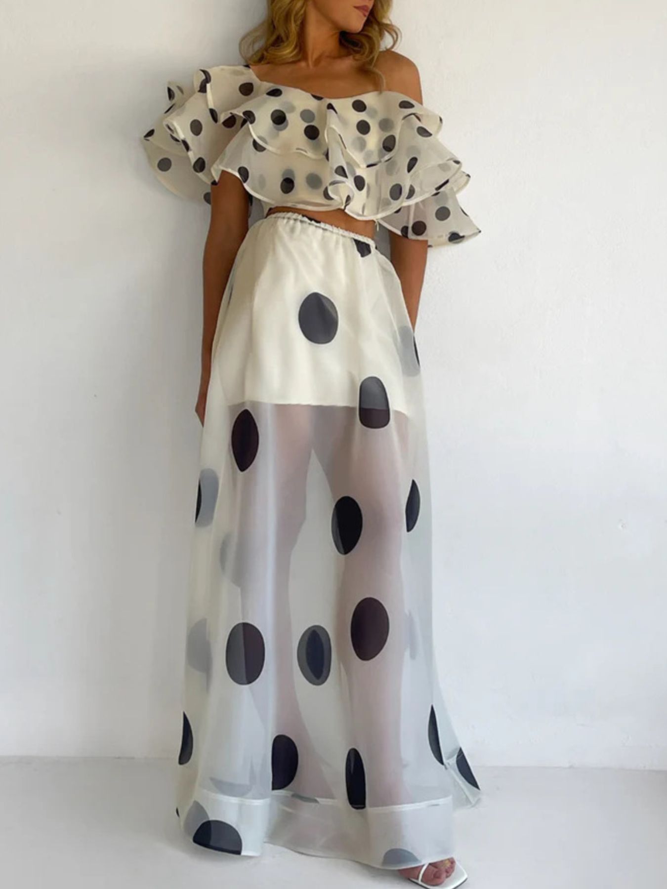 Polka Dot Ruffle Crop Top and Maxi Skirt Set