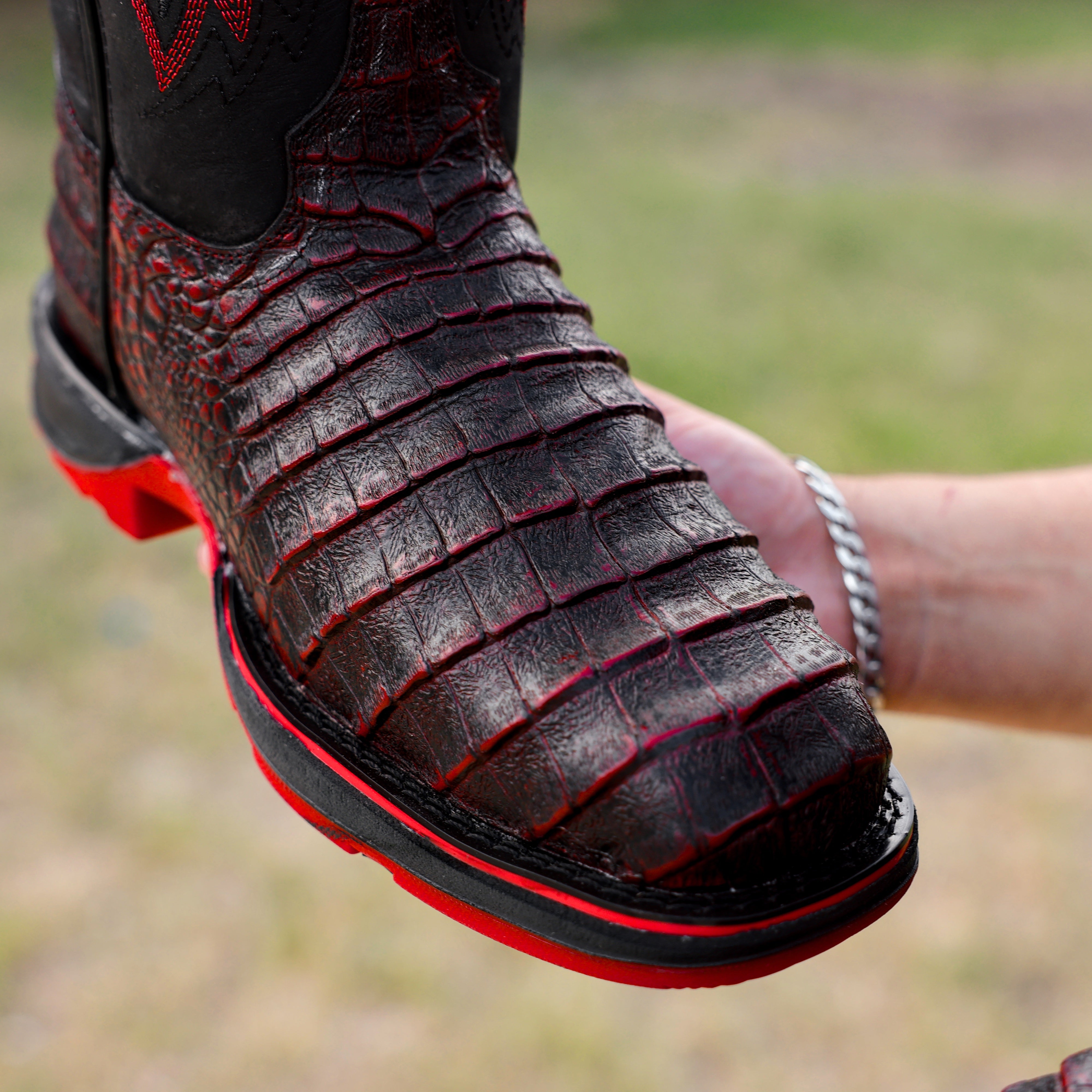 Black Cherry Caiman Belly Leather Boots With 3D Lightweight Sole - Composite Toe