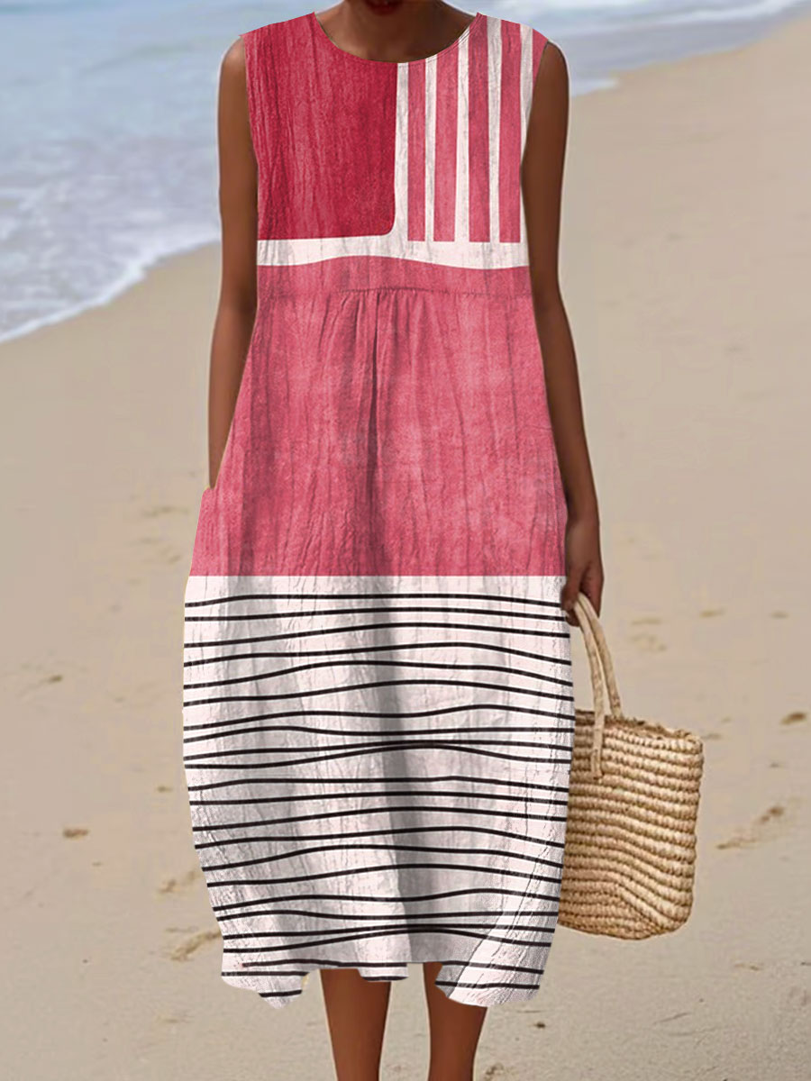 Women's Vintage Abstract Geometry Art Print Sleeveless Cotton Pocket Wrap Dress