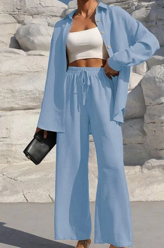 Women's Solid Button Front Shirt & Tie Front Wide Leg Pants (Under $3 a set!)