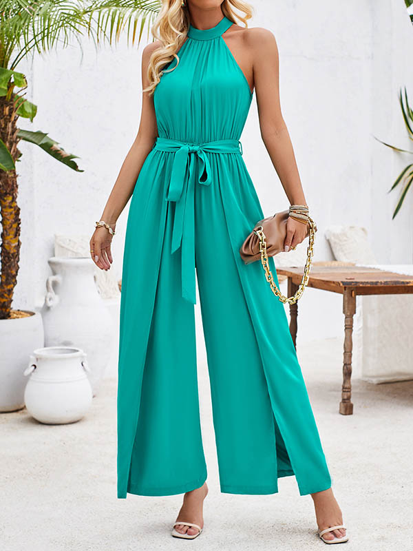 Pleated Solid Color Split-Front Tied Waist High Waisted Loose Halter-Neck Jumpsuits