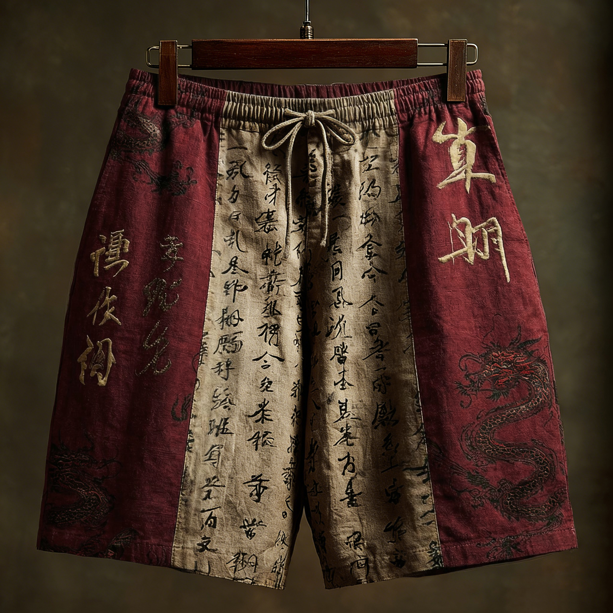 Men's Japanese Calligraphy And Dragon Art Linen Shorts