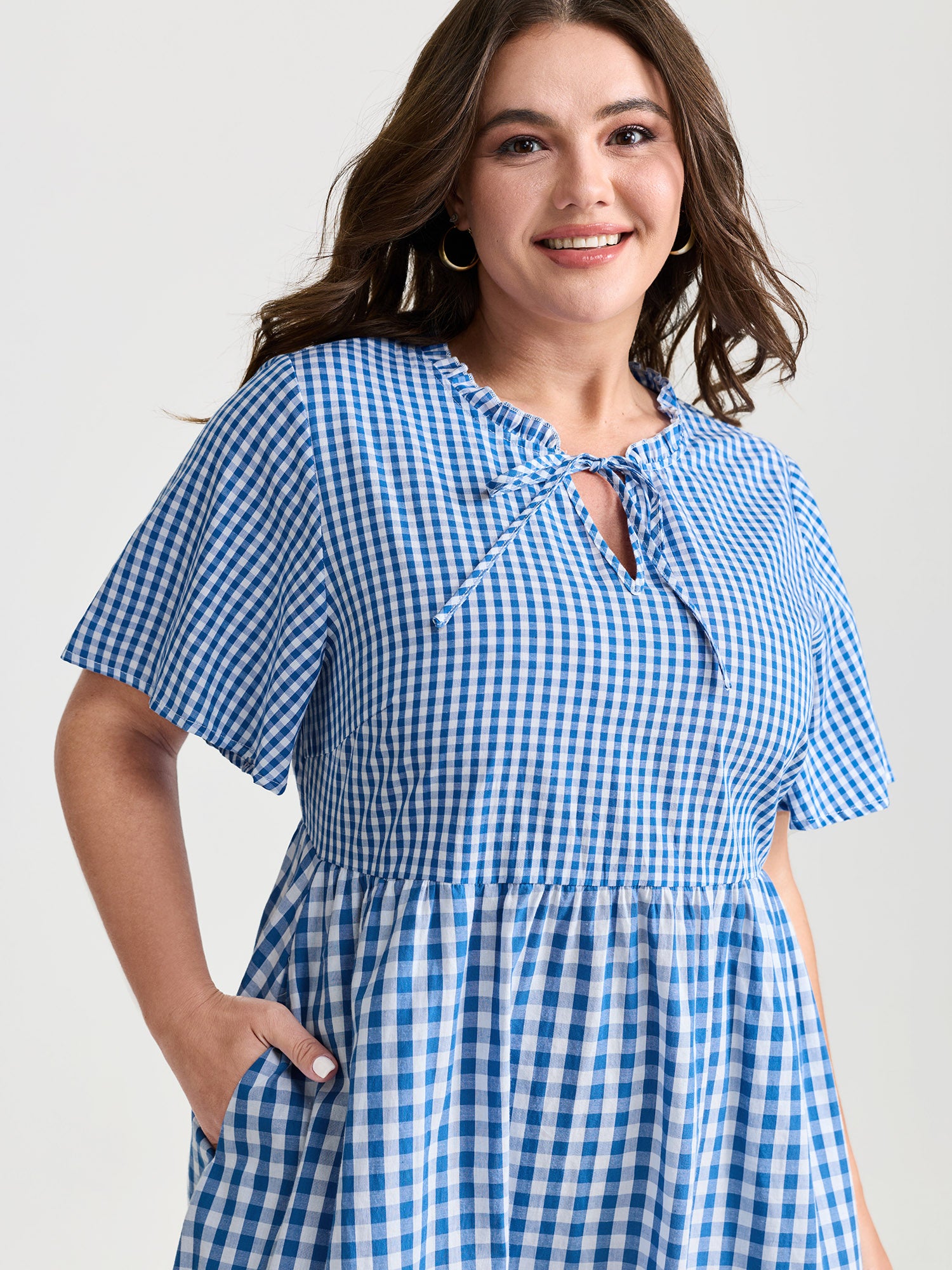 Checkered Stripe Flared Sleeve Pockets Mini Dress