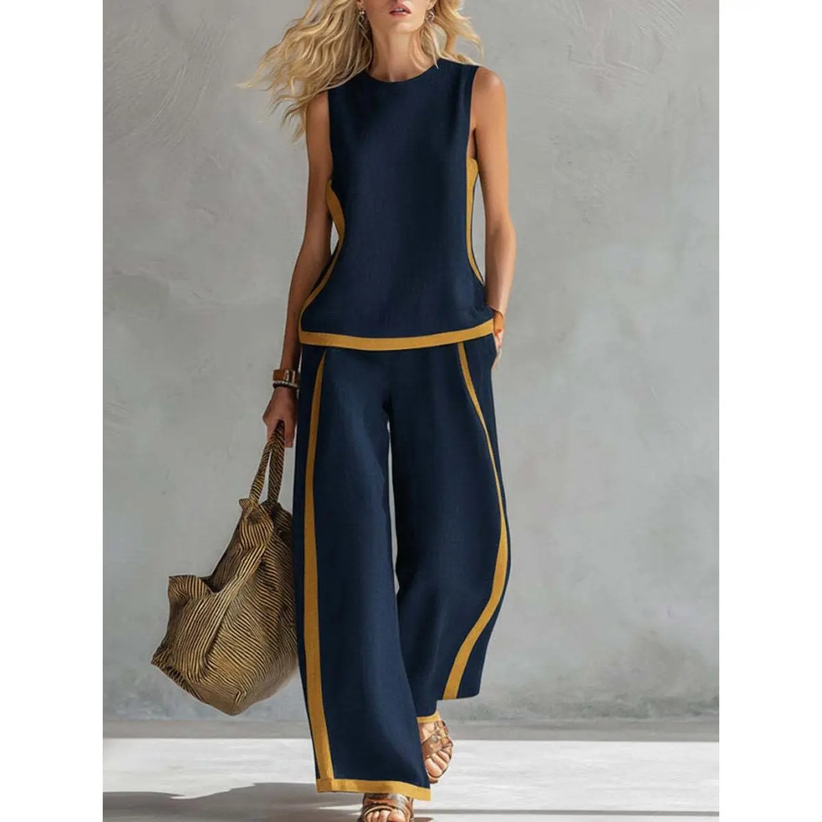 2026 Linen Blend Two Piece Set for Women Sleeveless Color Block Top Wide Leg Pants Set Casual Summer Outfit