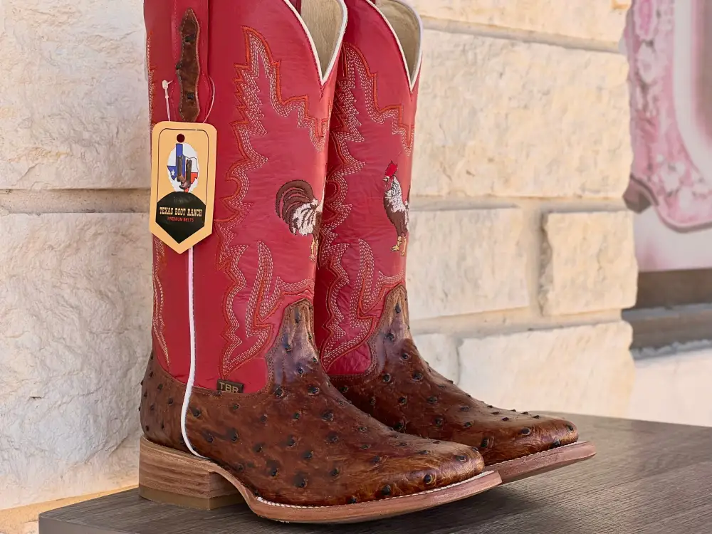Men’s Cognac Ostrich Leather Boots With Red / Rooster Shaft