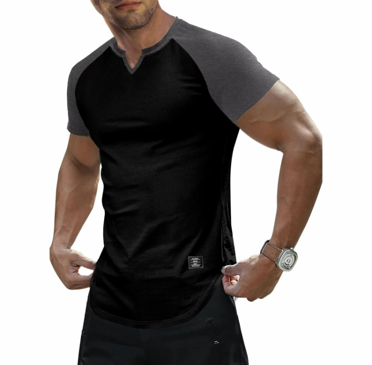 Men's Muscle Fit V-Neck Longline Henley Shirt – Slim Athletic Gym Workout T-Shirt