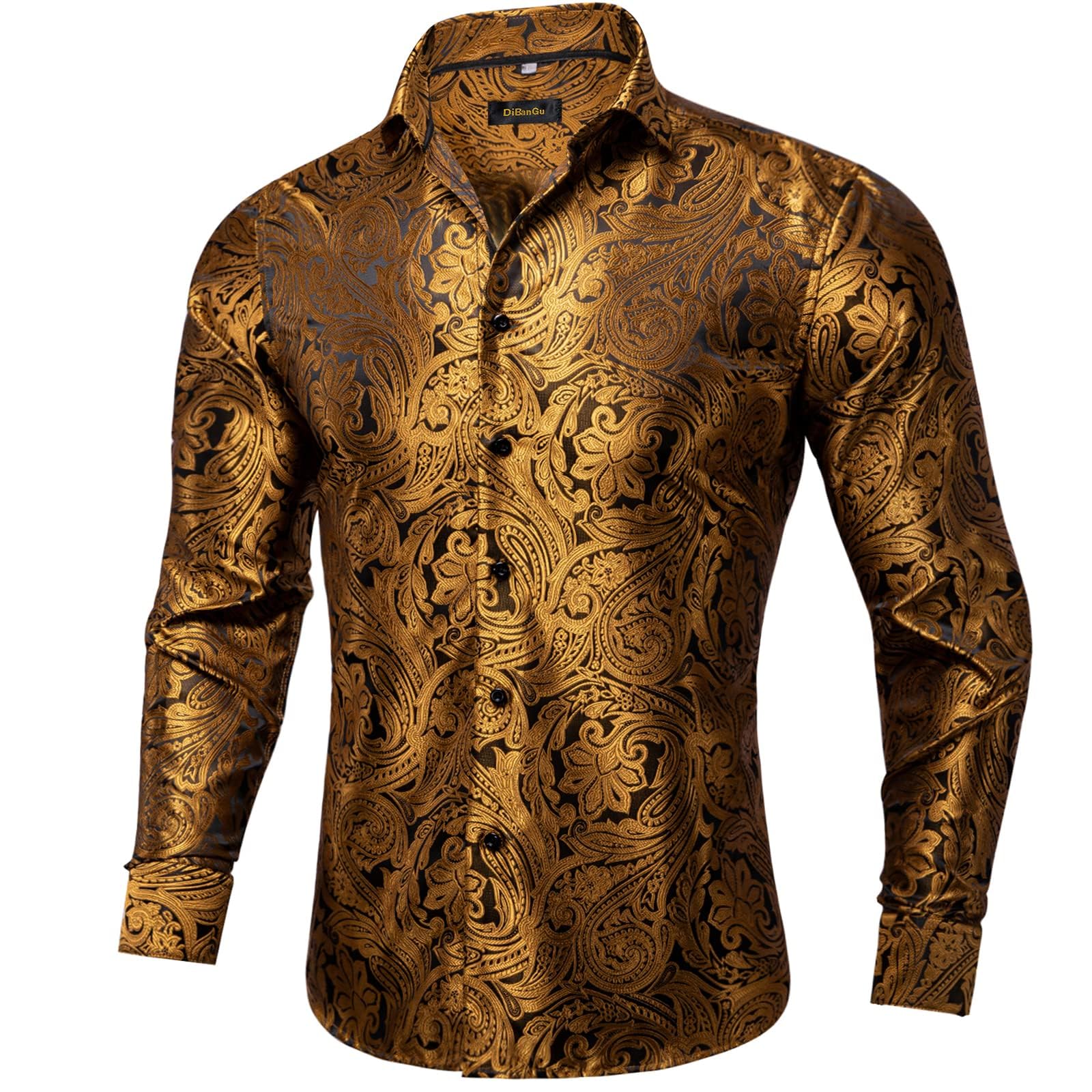 Men's Paisley Dress Shirt Long Sleeve Wrinkle Free Button Down Cowboy Shirts - Gold&paisley