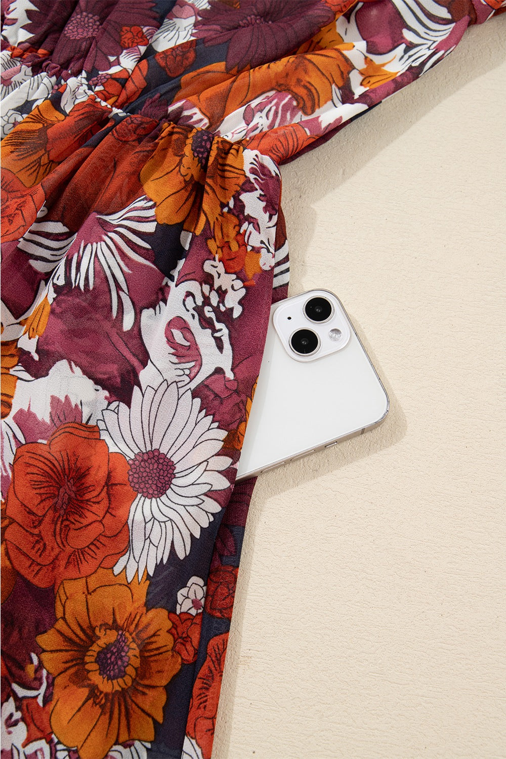 Floral Print Wrap V Neck Puff Sleeve Flowy Mini Dress