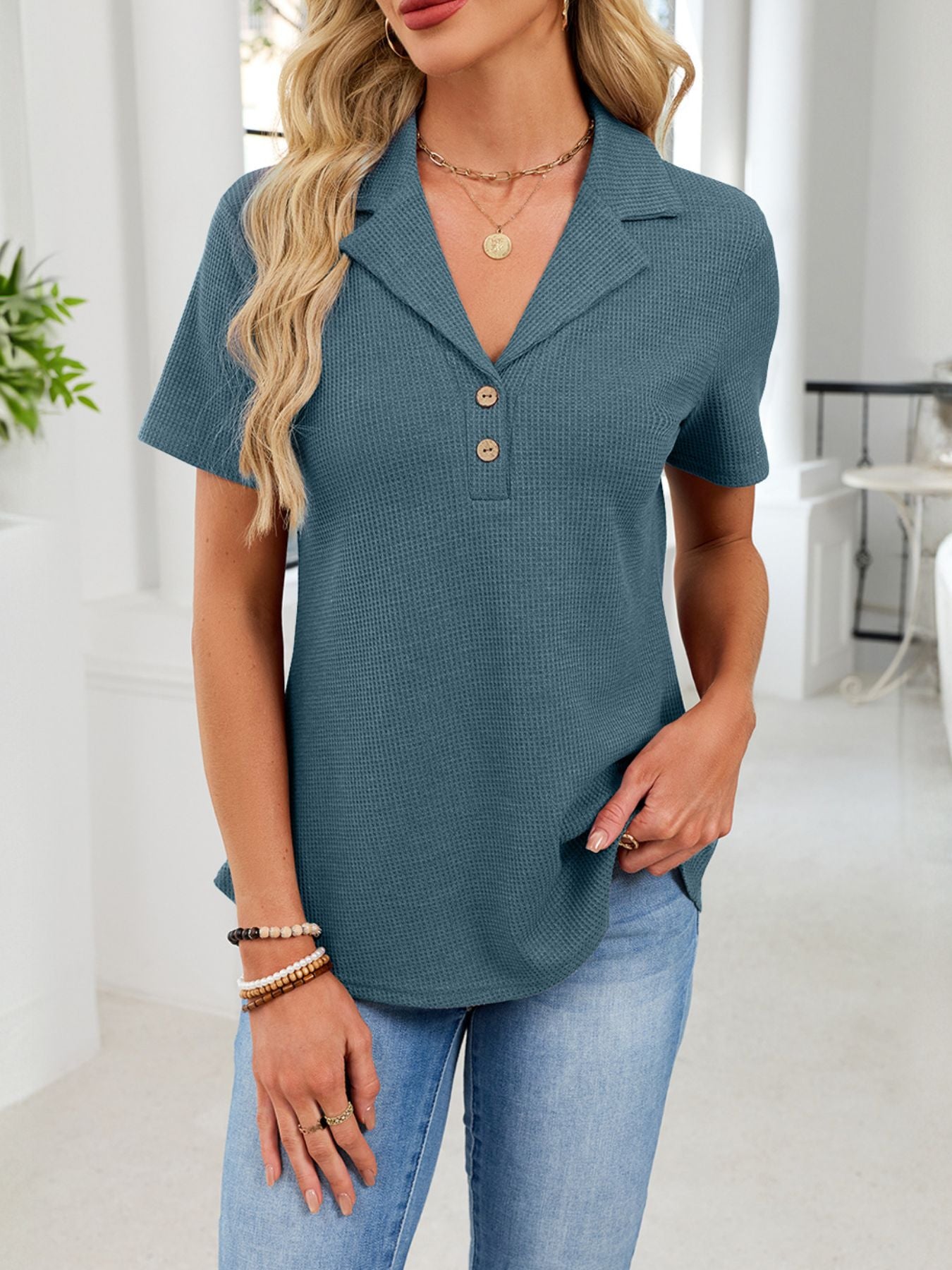 Waffle Knit Button Detail T-Shirt