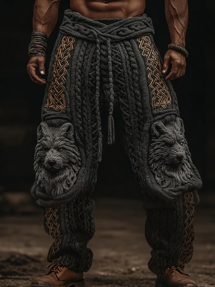 Men's Vintage Viking Wolf Celtic Knot Cozy Chunky Knit Sweatpants