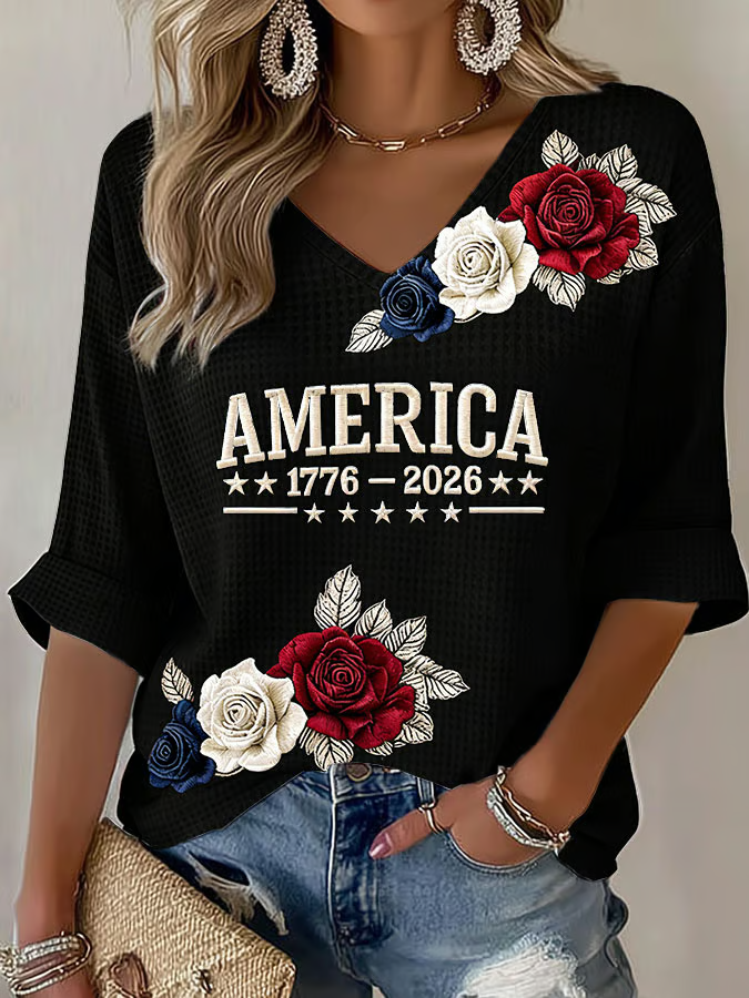 Women's American 250th Anniversary Three-Quarter Sleeve V-Neck Top