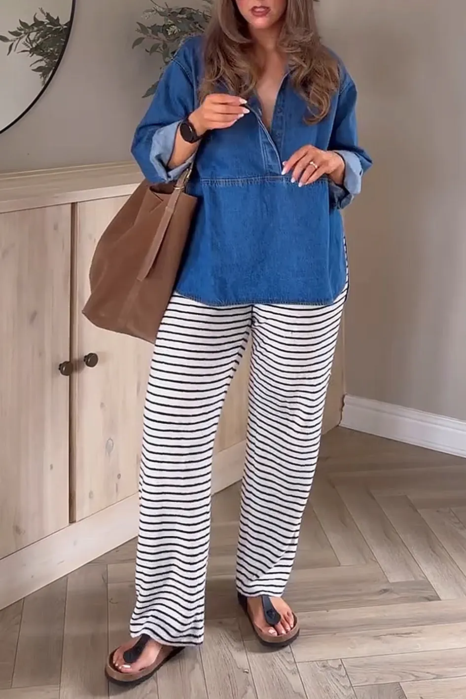 Denim Top And Yoga Pants And Striped Trousers