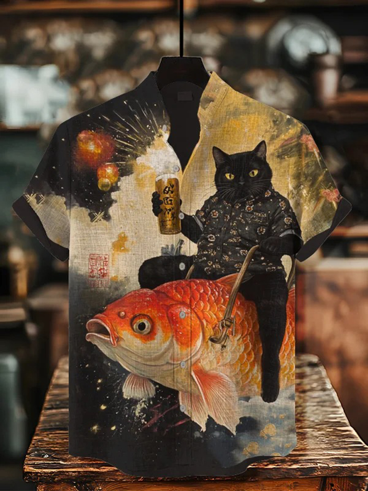 Men's Black Cat Holding Beer And Riding Goldfish Art Print Casual Shirt