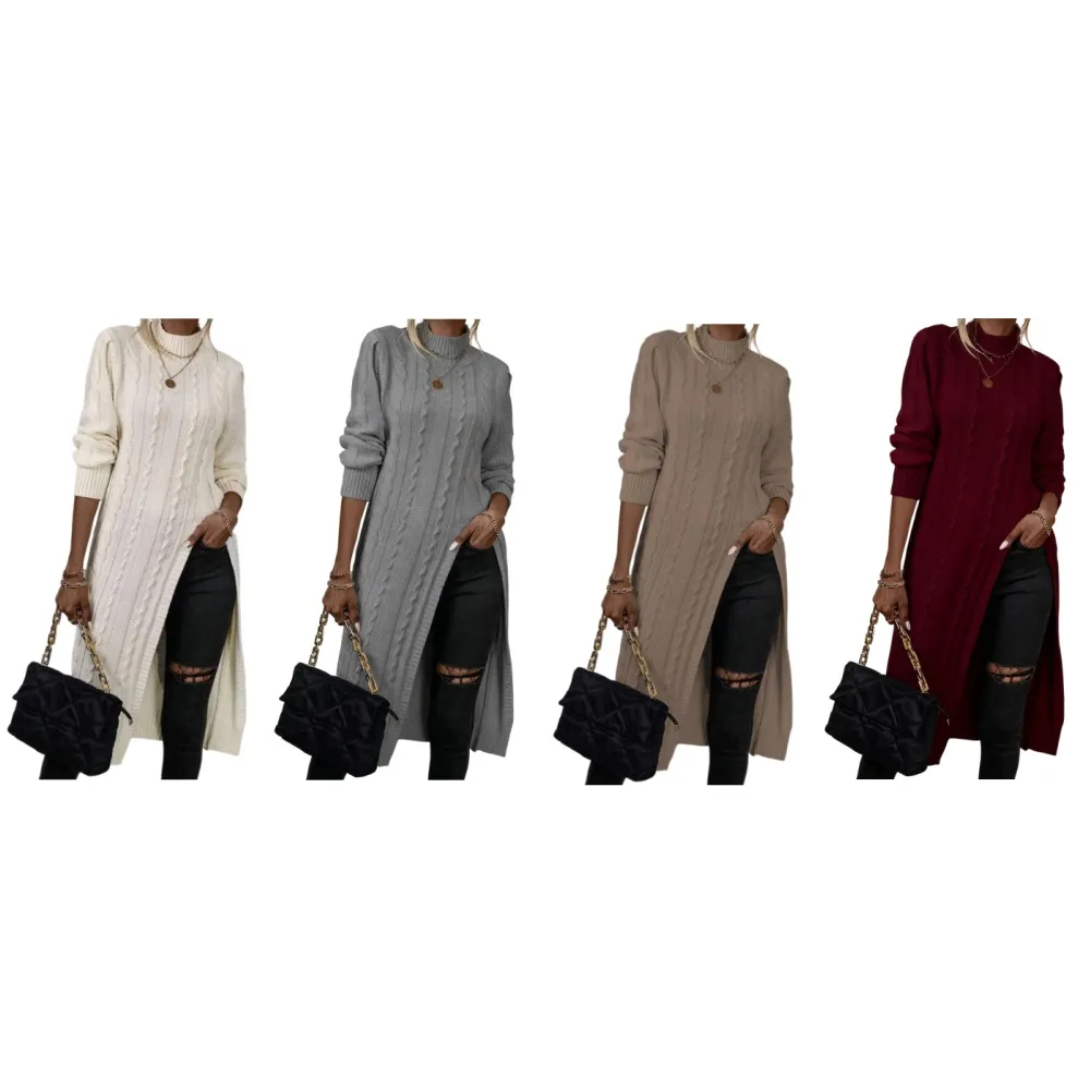 Sweater Mock Neck Split Hem Cable Knit Longline for Fall