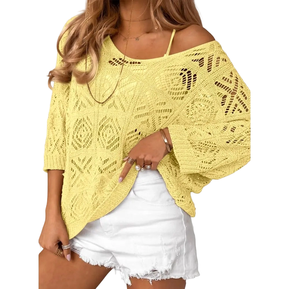 ✨ Women’s Crochet Hollow-Out Off-Shoulder Top – Lightweight 3/4 Sleeve Summer Sweater