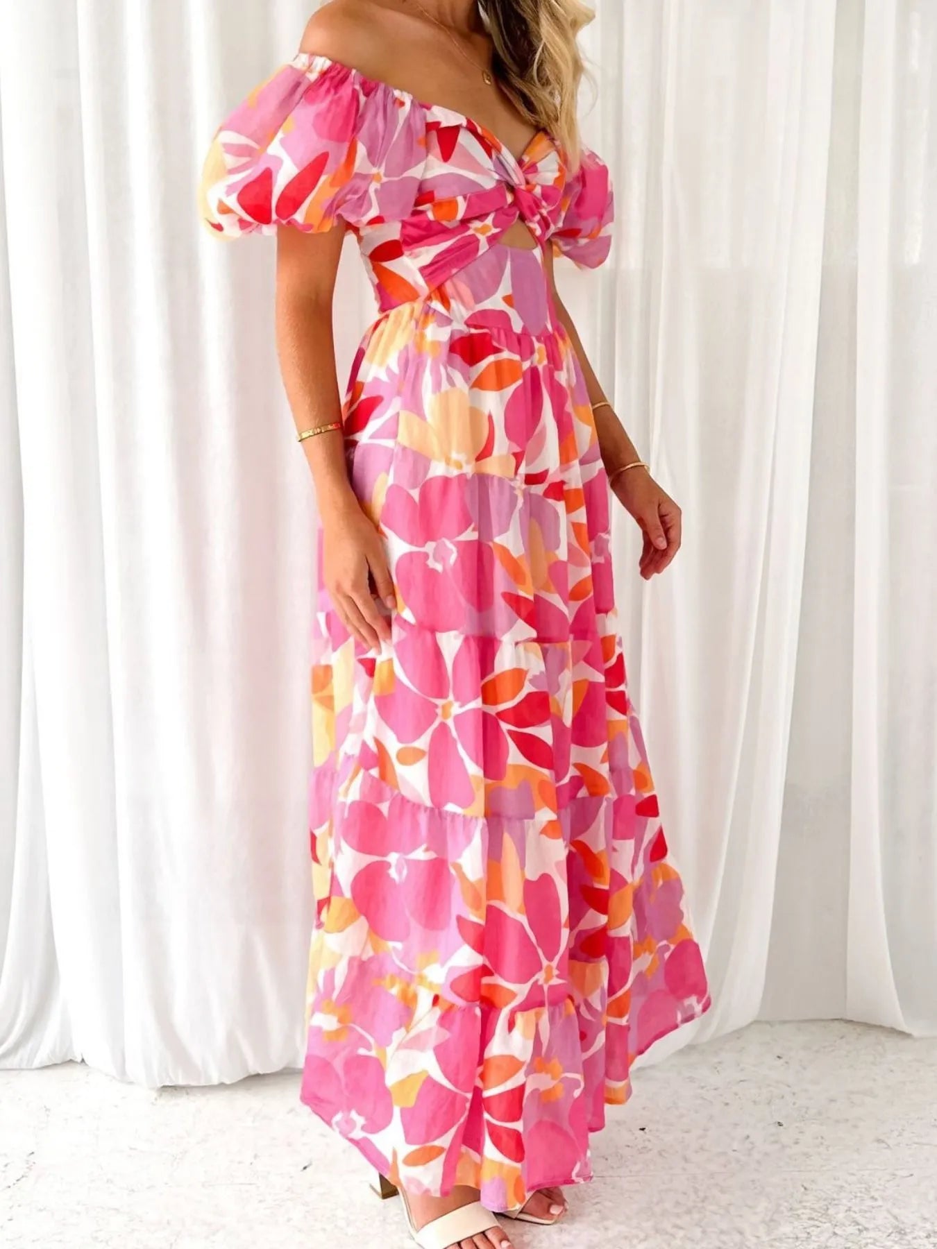 Off-Shoulder Floral Tiered Dress with Ruffle Details