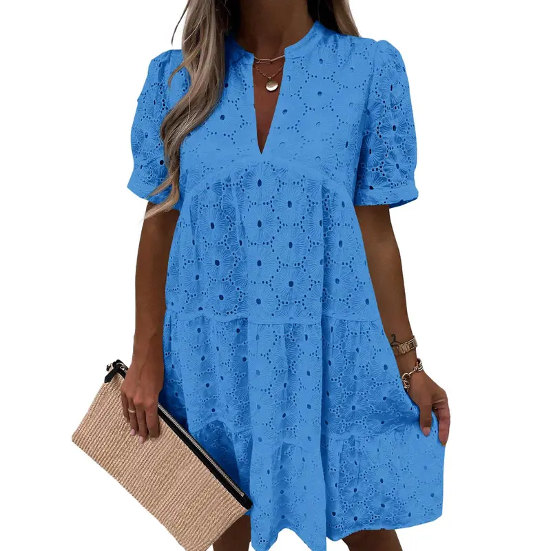 Women’s Summer Lace Dresses Eyelet Casual Flowy Babydoll Swing Short Sleeve V Neck Tunic Dress