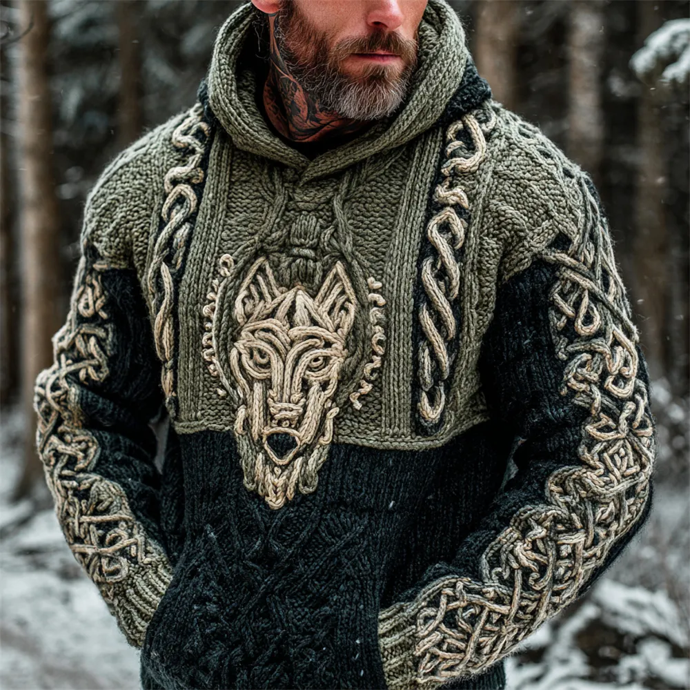 Viking Hellhound Celtic Knot Art Men's Hooded Knit Sweater