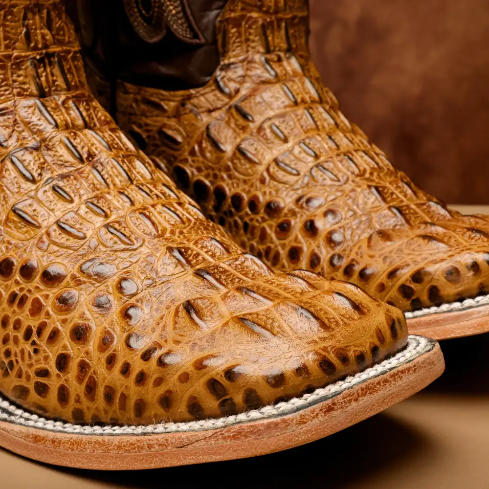 Honey Caiman Neck Leather Boots - Square Toe
