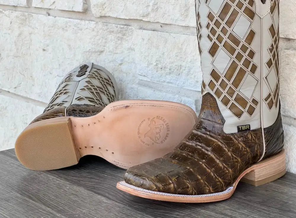 Men’s Honey Rustic Caiman Horn-Back Leather Boots.