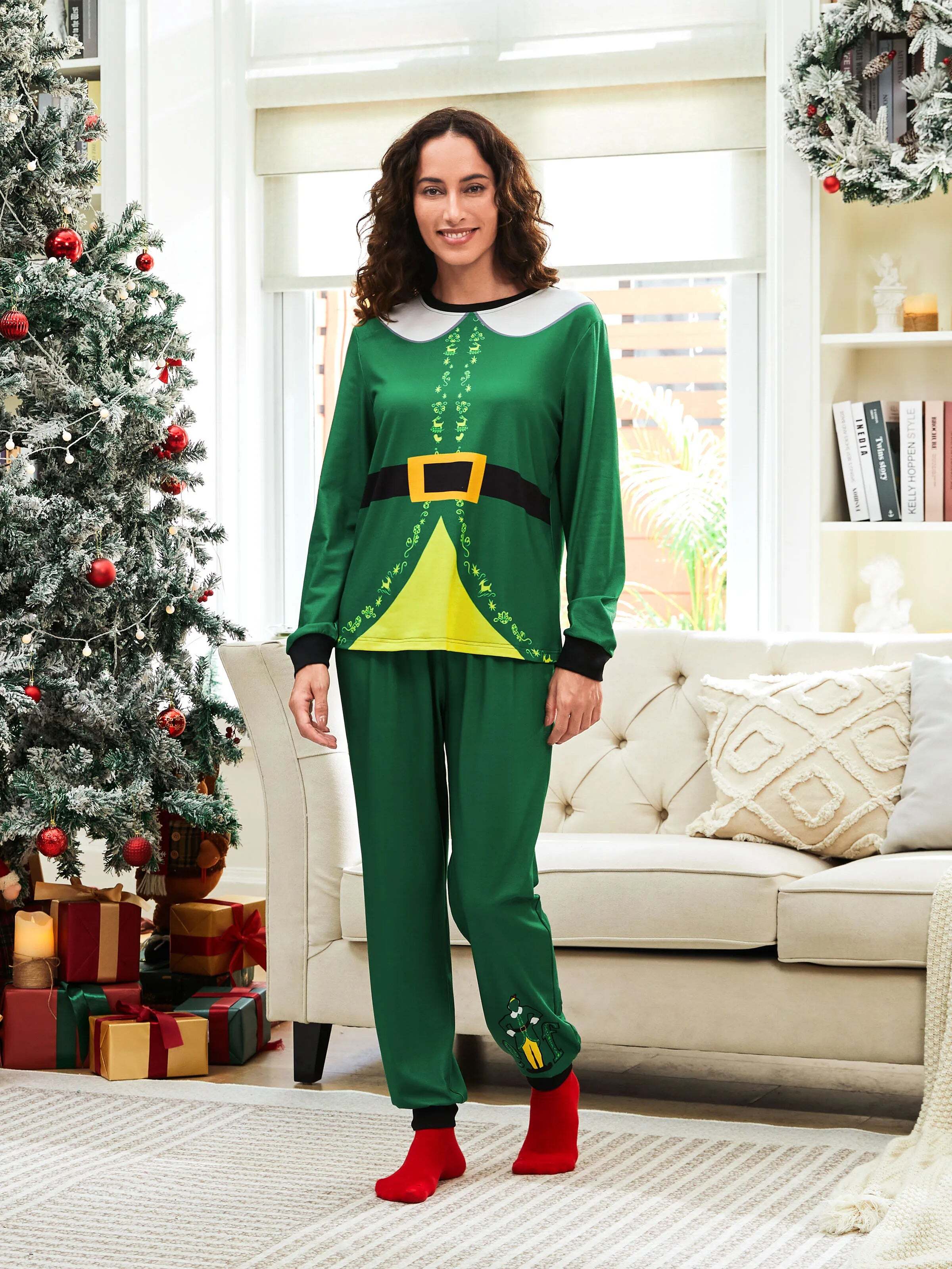Christmas Family Matching Belt and Collar Pajamas Sets with Christmas Socks