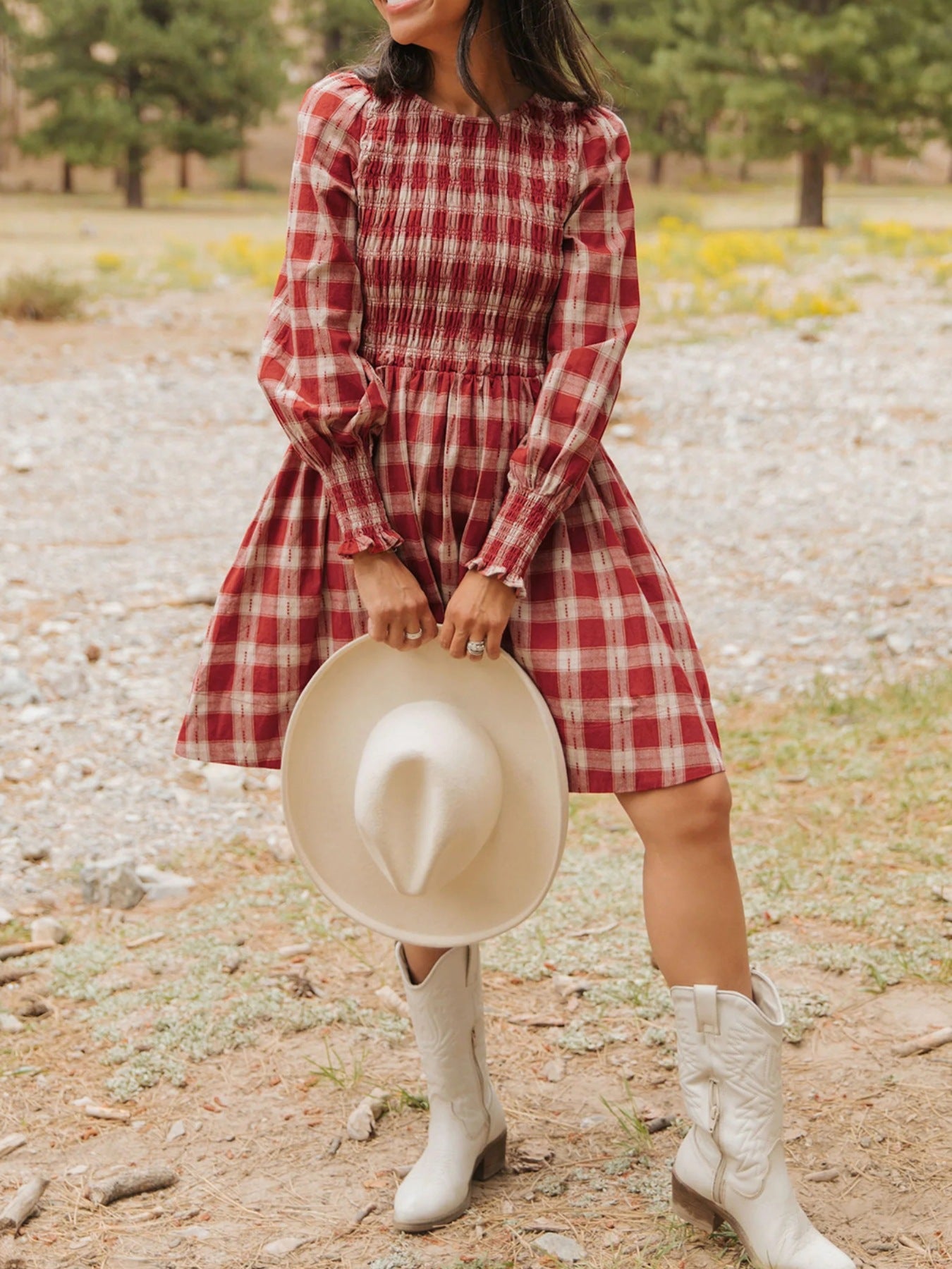 Plaid Print Smocked Puff Sleeve Mini Dress