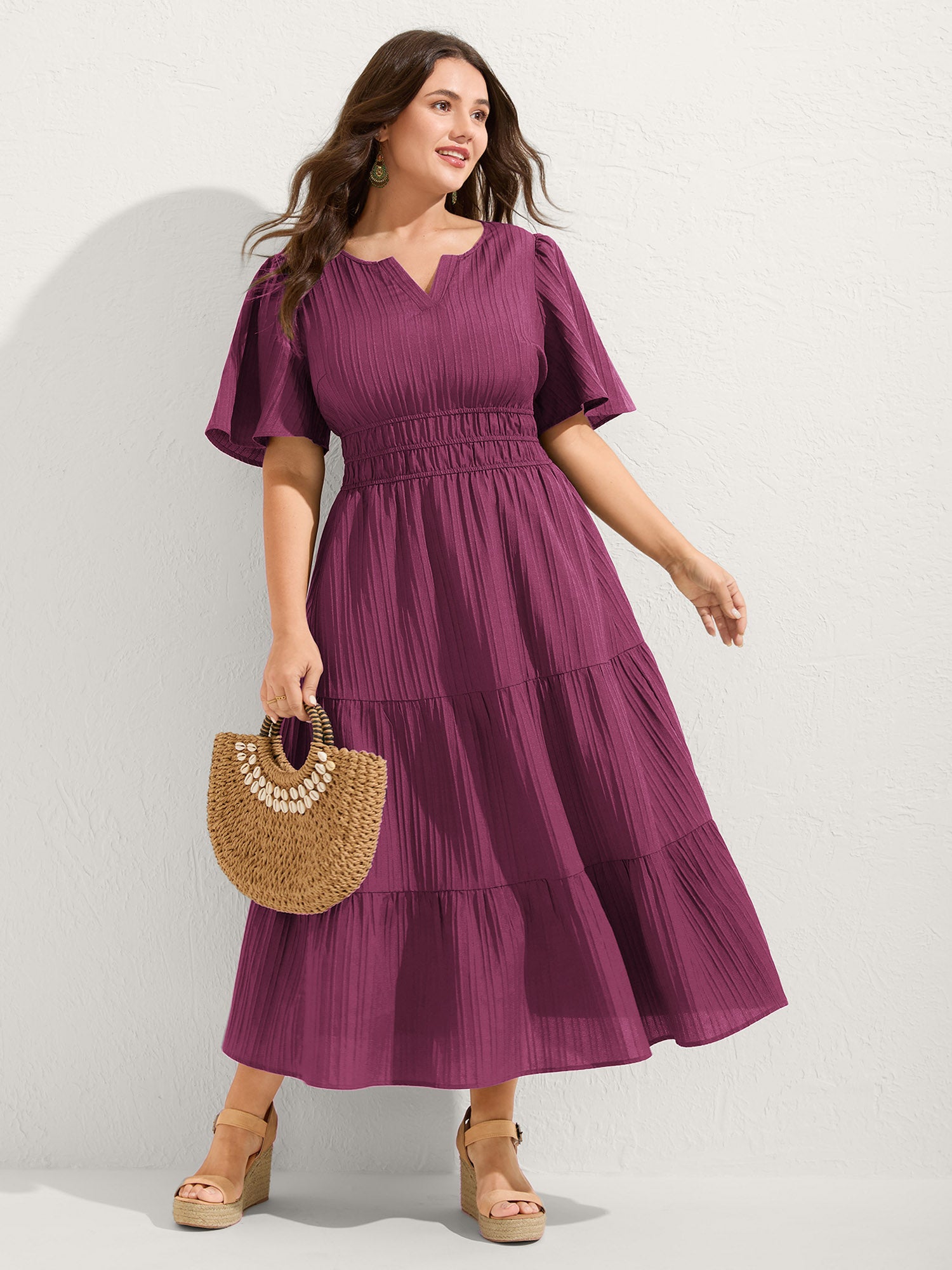 Textured Shirred Cinched Waist Maxi Dress
