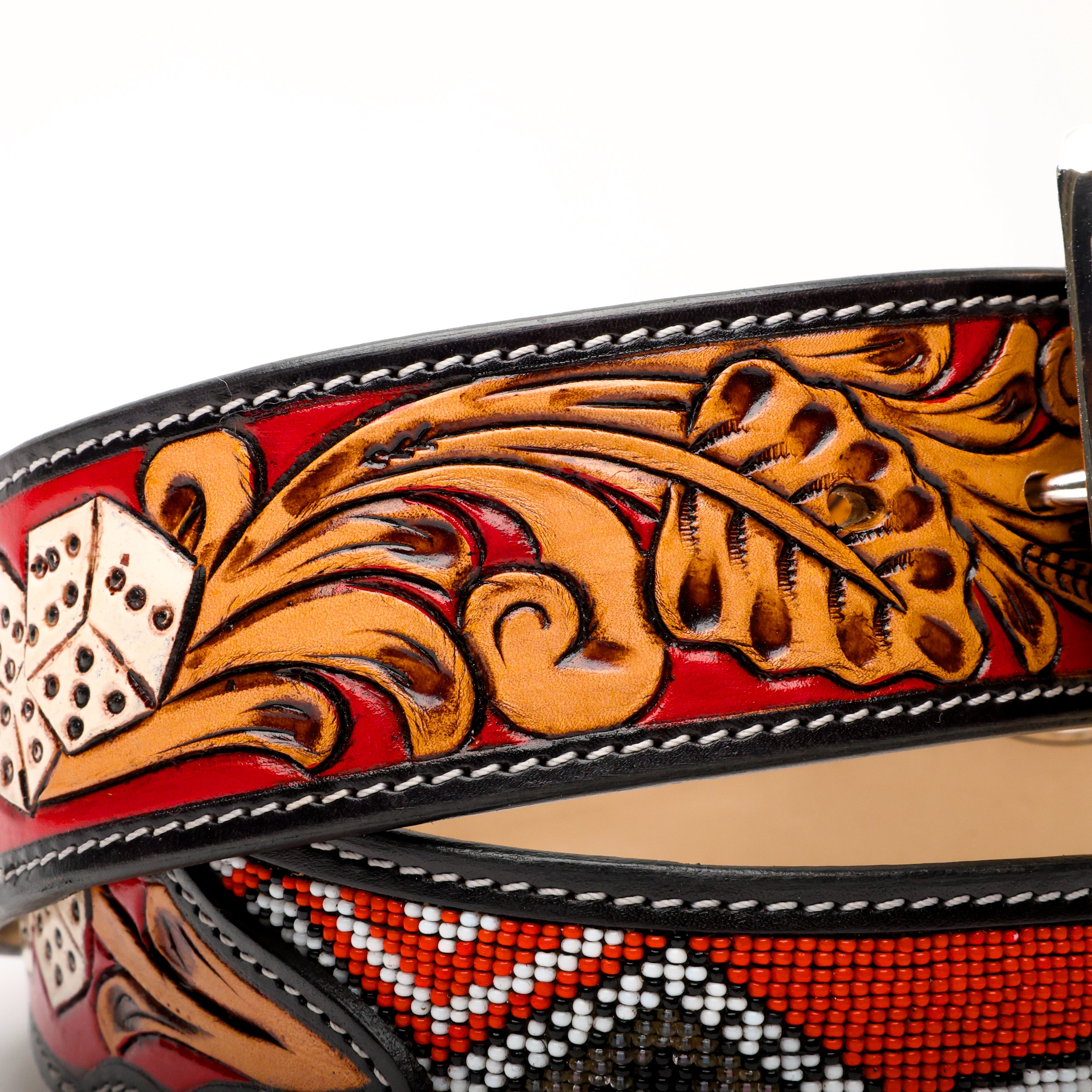 2 Inch Hand-Tooled Artesanal Beaded Leather Belt