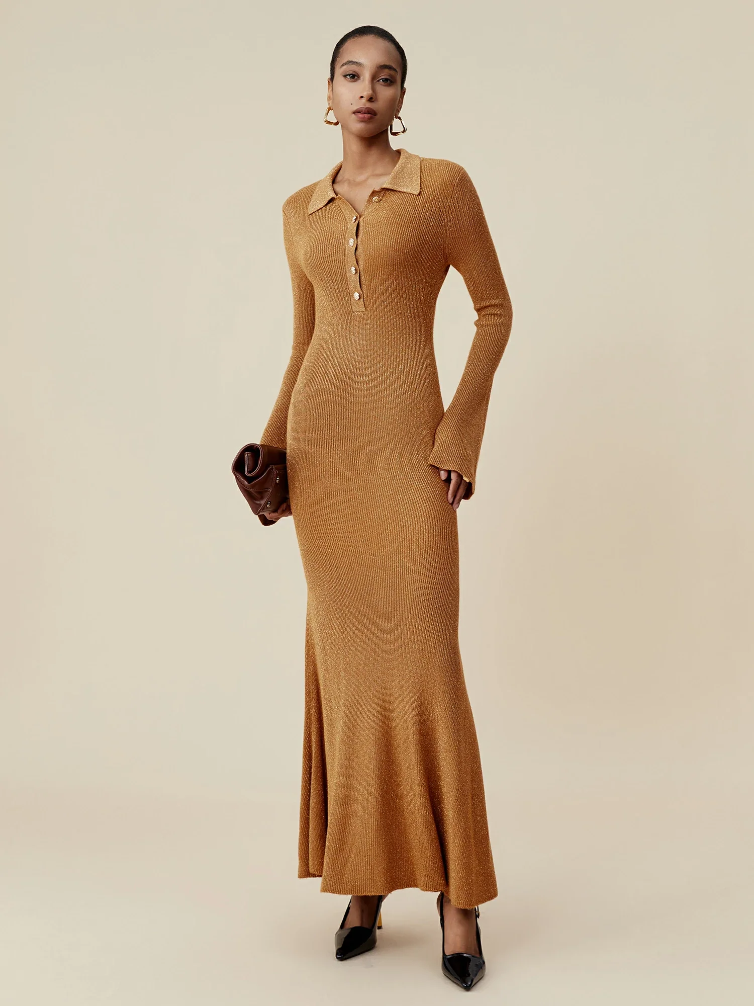 Lapel Long Sleeve Fish Tail Gold Yarn Dress