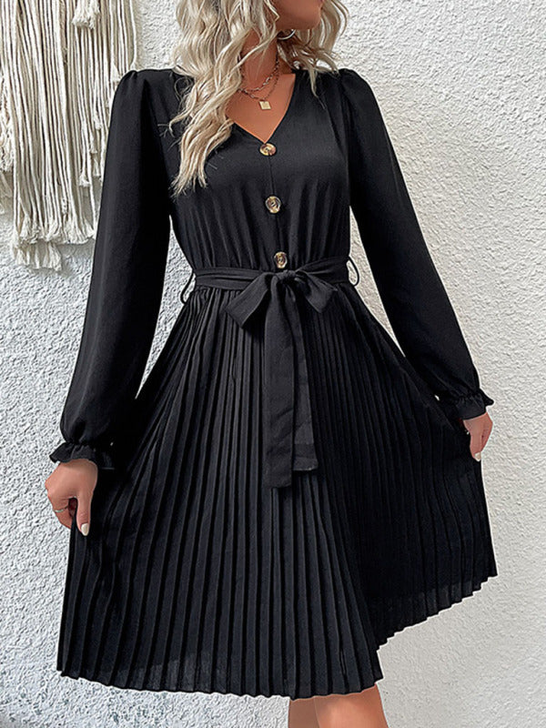 Fashion Pleated Skirt Female Black Long -Sleeved Pleated Dress