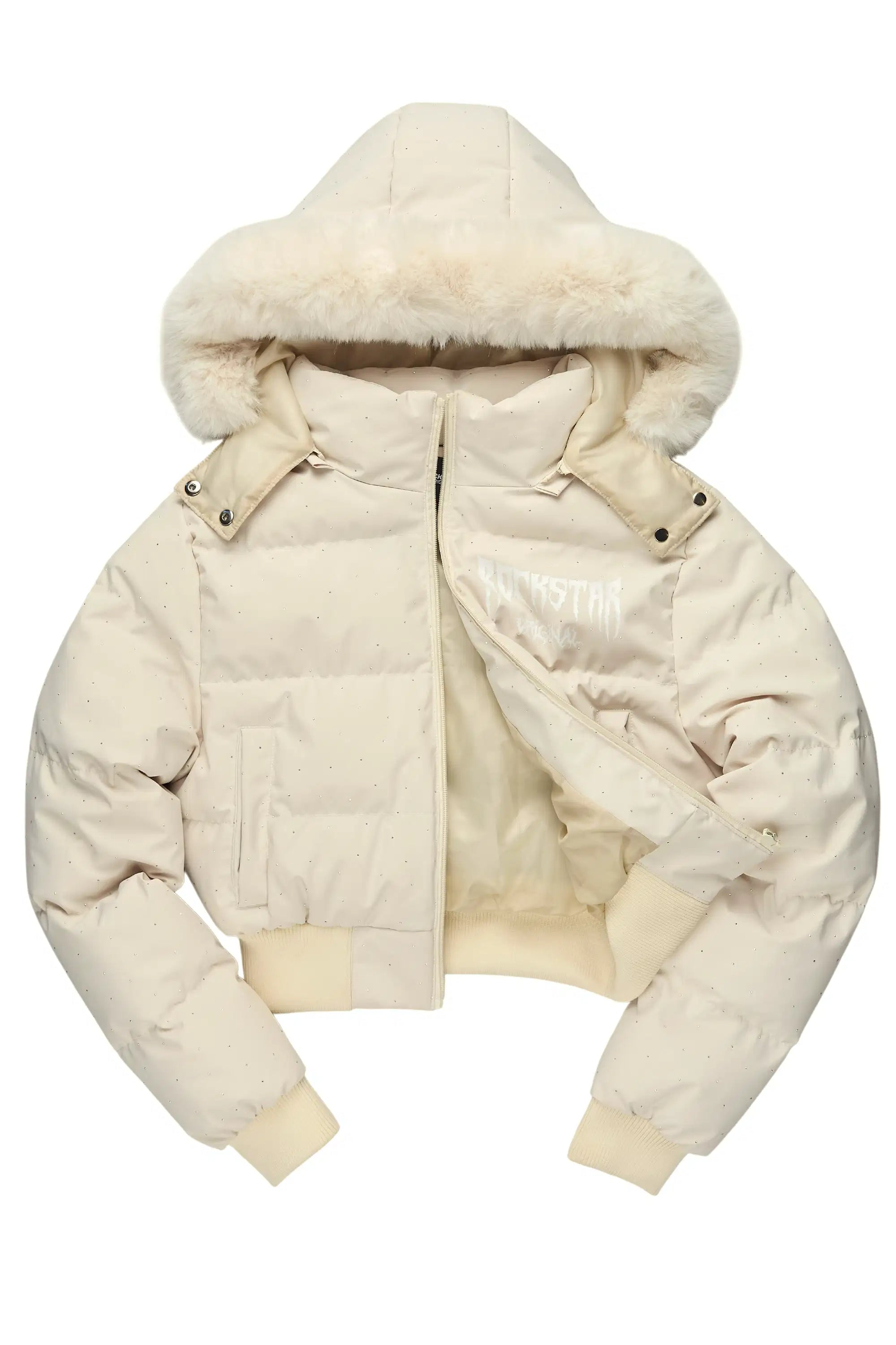Gabrielle Beige Rhinestone Puffer Jacket With Fur Hood