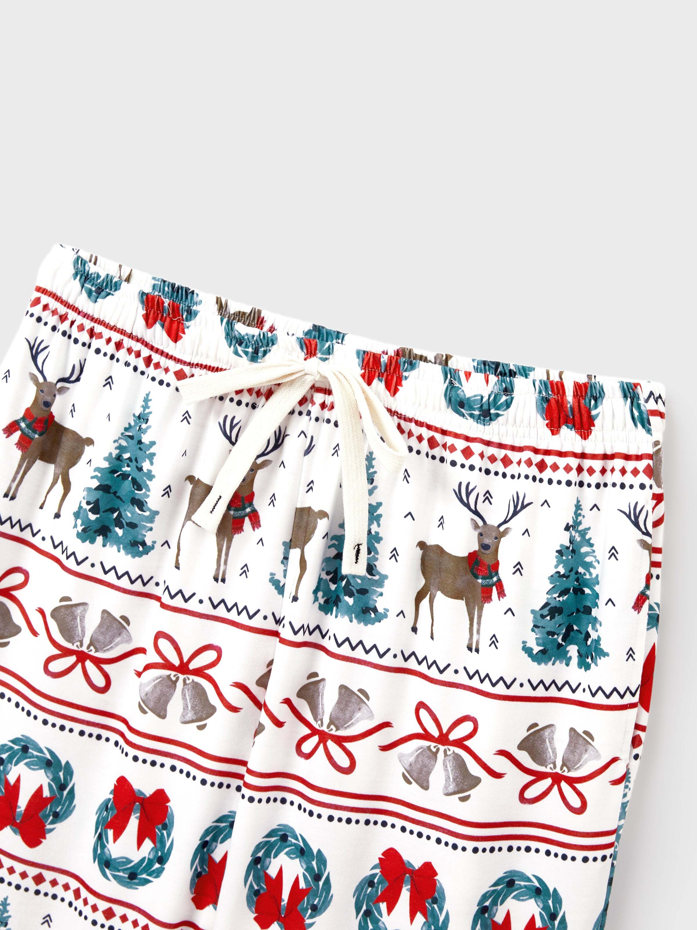 Christmas Matching Family Pajamas Set Christmas Elk and Bell Print Striped PJS with Christmas Socks White