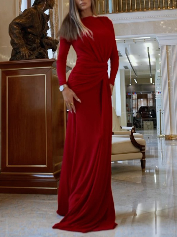 Solid Color Long Sleeves Mermaid Round-neck Maxi Dresses Evening Dresses