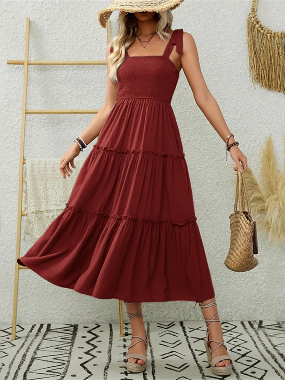 Smocked Tiered Midi Dress with Tie Straps