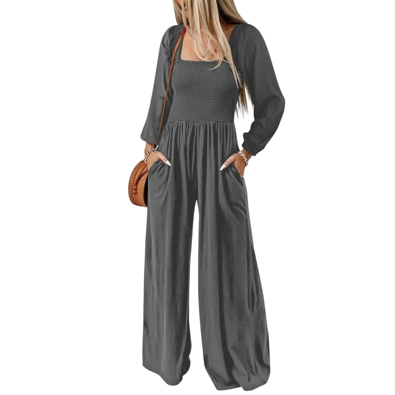 Women's Casual Loose Overalls Jumpsuits One Piece Long Sleeve Wide Leg Long Pant Rompers With Pockets