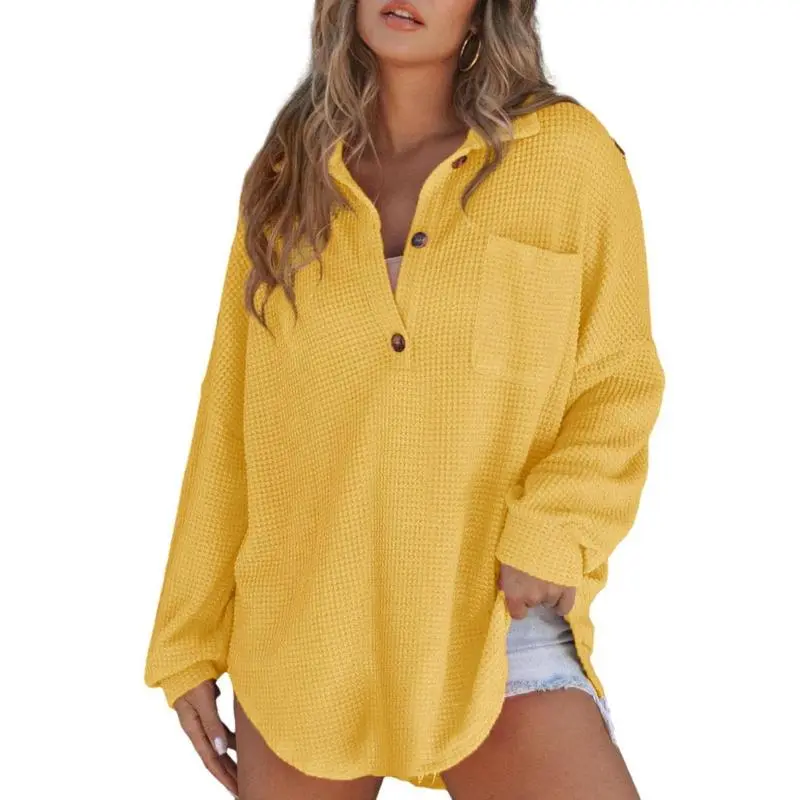 Women's Oversized Henley Waffle Shirts Tops