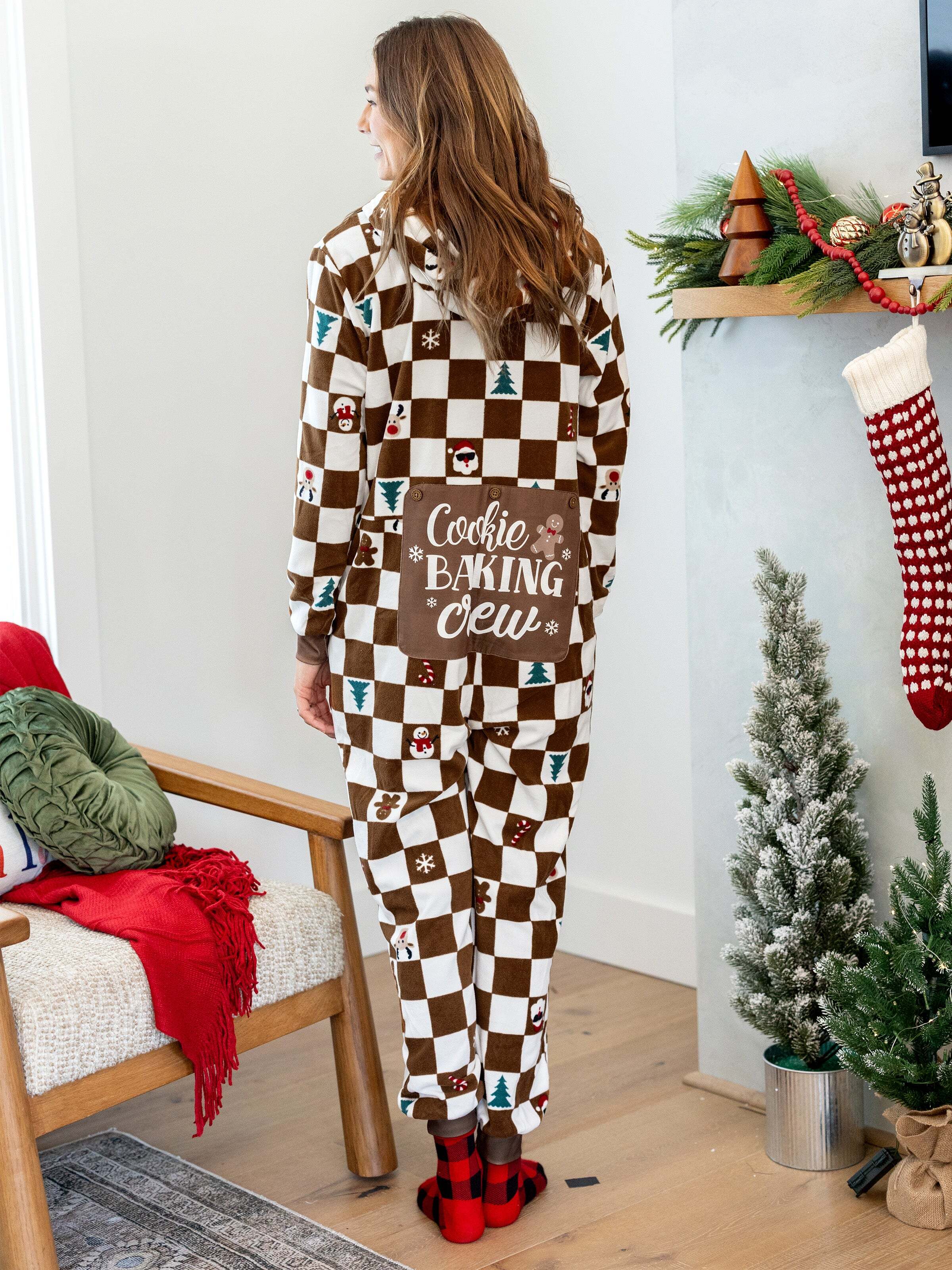 Christmas Onesies Matching Family Fleece Hoodie Pajamas Set Gingerbread Christmas-theme Plaid Print PJS with Christmas Socks Color block