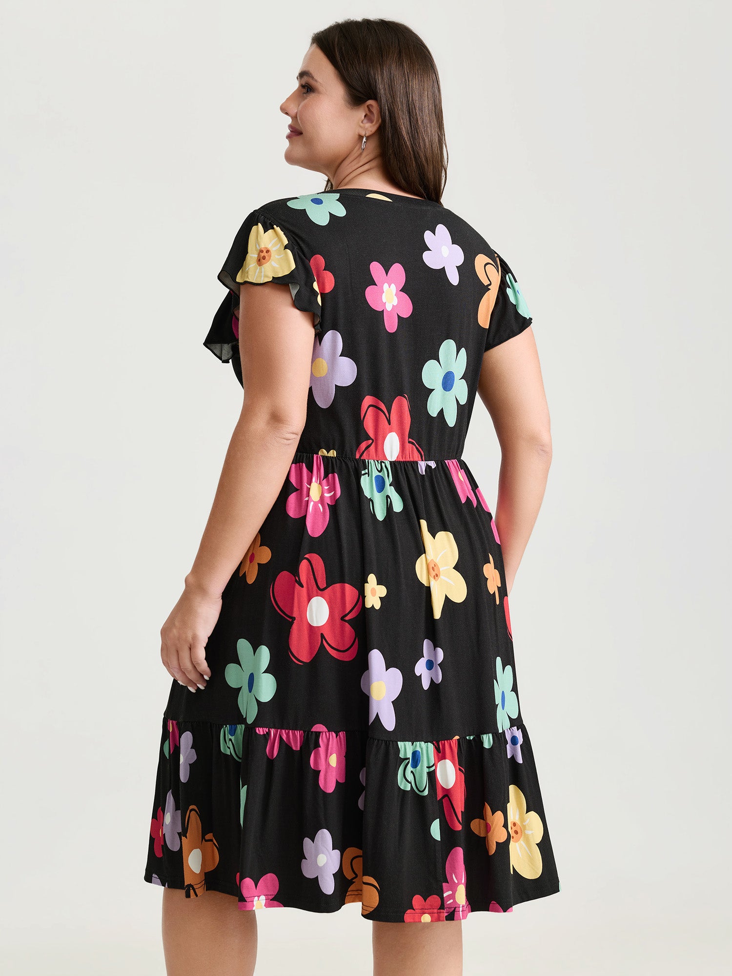 Bright Floral Print Flutter Sleeve Midi Dress