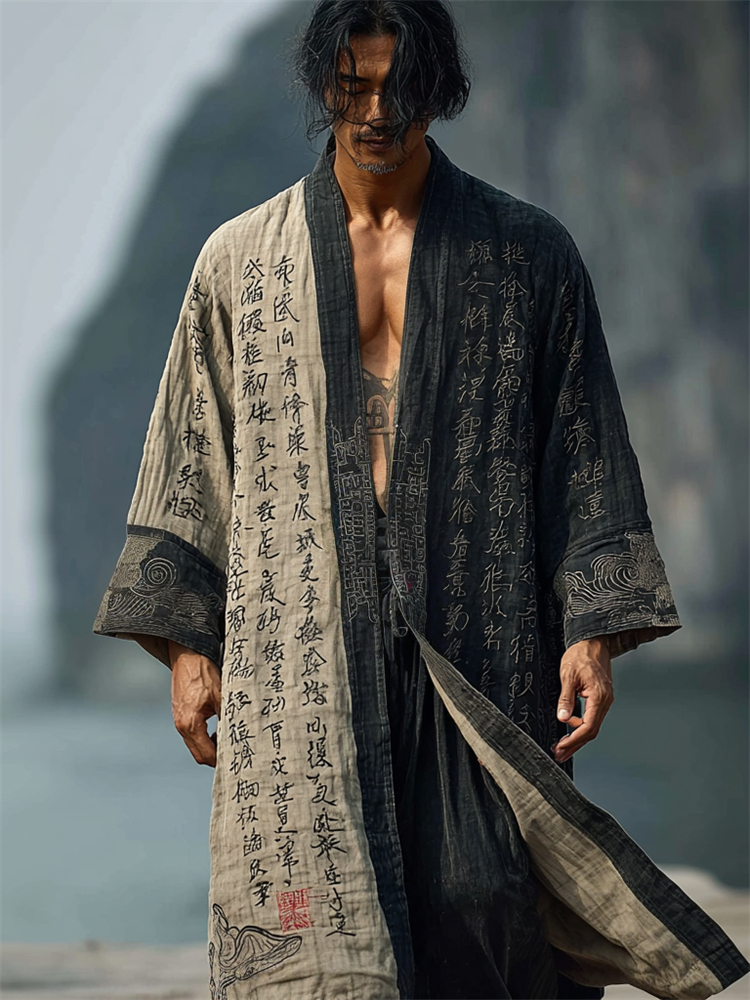 Men's Japanese Calligraphy Art Contrast Long Linen Kimono