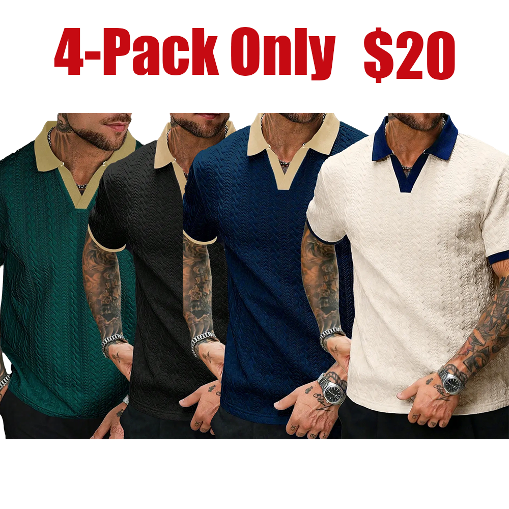 Men’s contrast-color short-sleeve casual commuter polo shirt Men’s knit polo shirt Cream-colored men’s polo shirt Men’s V-neck knit sweater Men’s short-sleeve knit polo shirt Men’s textured polo shirt Retro-style men’s polo shirt