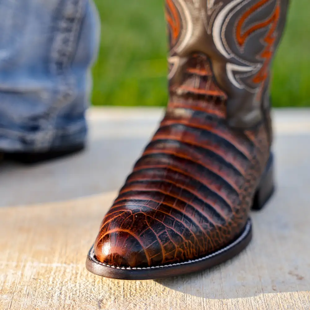 Cognac Caiman Belly Leather Boots - Round Toe