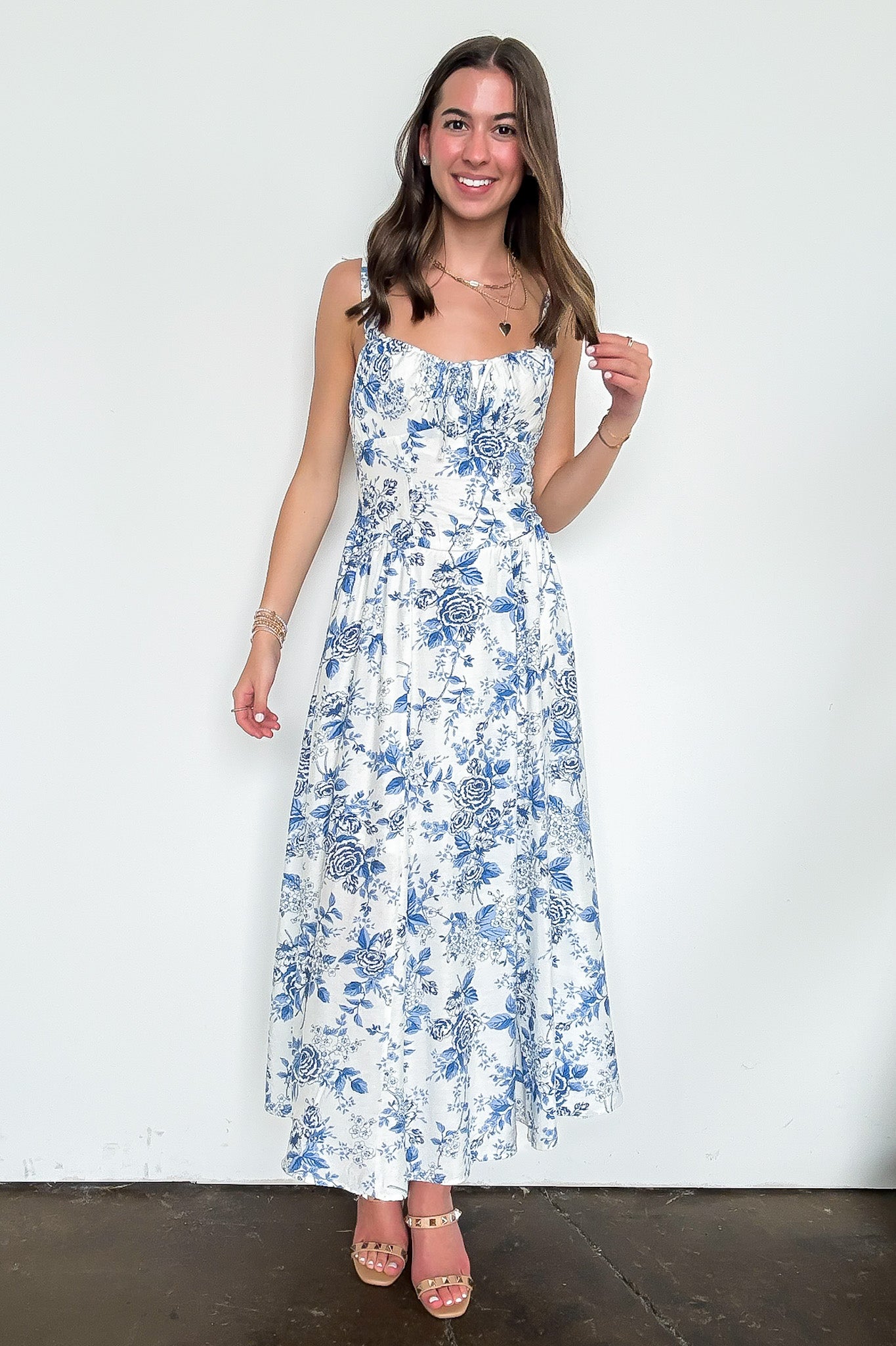 Rose Print Sleeveless Corset Detail Midi Dress