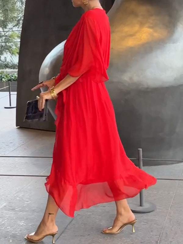 Women Stylish and elegant V-neck chiffon midi dress